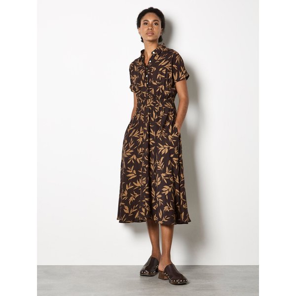 Apricot Women's Textured Leaf Shirt Midi Dress in Brown