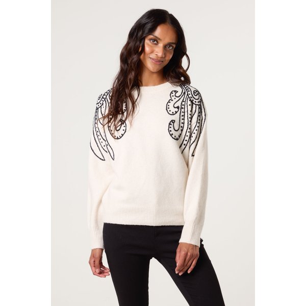 Blue Vanilla Women's Ivory Embroidery Shoulder Detailing Jumper | Size: S/M