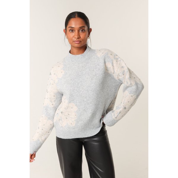 Blue Vanilla Women's Grey Flower Diamante Detailed Knitted Jumper | Size: Medium/Large