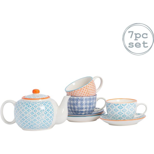 Nicola Spring 7 Piece Hand-Printed Teapot Cups & Saucers Set