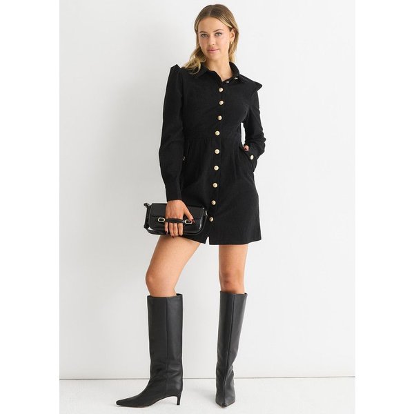 Gini London Women's Black Corduroy Mini Shirt Dress | Size: 12