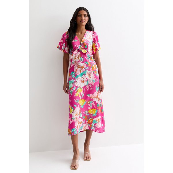 Gini London Pink Floral Midi Dress with Angel Sleeves
