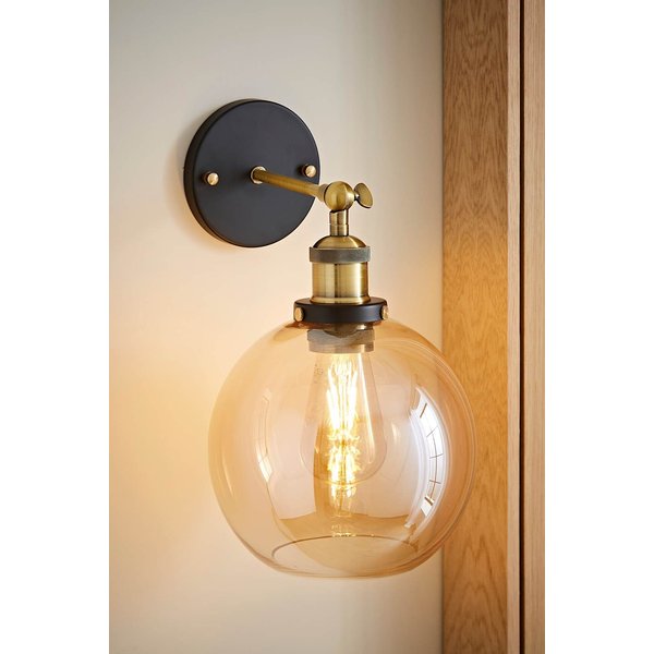 ValueLights Sheridan Industrial Amber Glass Bowl Gold Trim Black Wall Light with LED Bulb in Orange