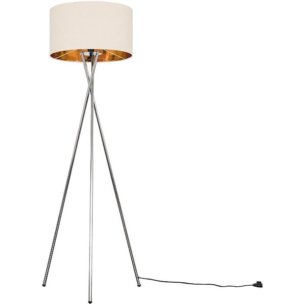 ValueLights Camden Chrome Tripod Floor Lamp with Beige & Gold Lamp Shade & Bulb