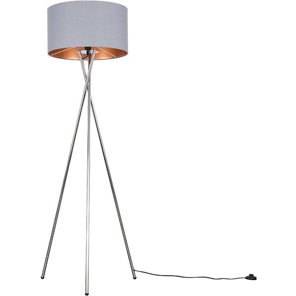 ValueLights Camden Grey & Metallic Shade & Chrome Tripod Floor Lamp with Bulb in Copper