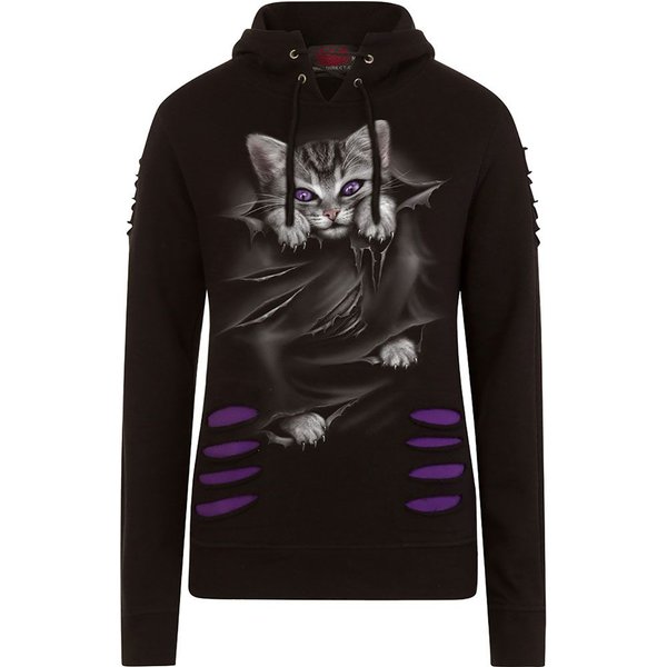 Spiral Women's BRIGHT EYES - Large Hood Ripped Hoody Purple-Black in Black | Size: Medium