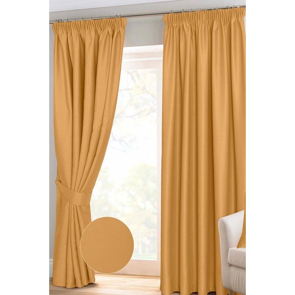 Homescapes Herringbone Blackout Curtains Pair Pencil Pleat in Mustard | Size: 117 cm width x 183 cm drop