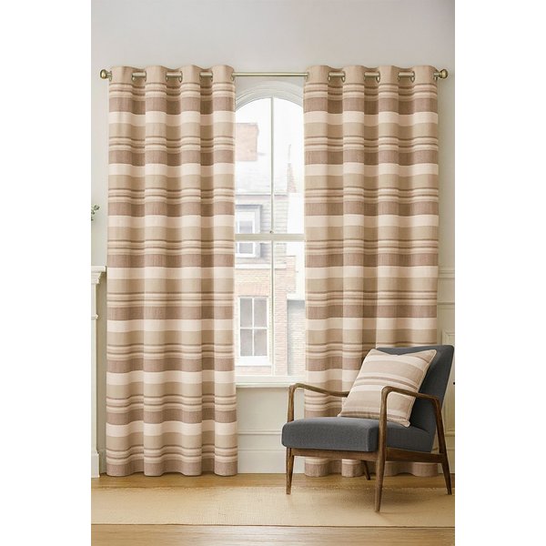 Homescapes Cotton Morocco Striped Curtain Pair in Beige | Size: 140 cm width x 137 cm drop