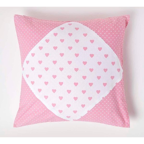 Homescapes Cotton Hearts & Polka Dots Cushion Cover in Pink | Size: 45 cm x 45 cm