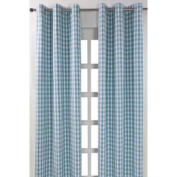 Homescapes Cotton Block Check Gingham Eyelet Curtain Pair in Blue | Size: 140 cm width x 183 cm drop