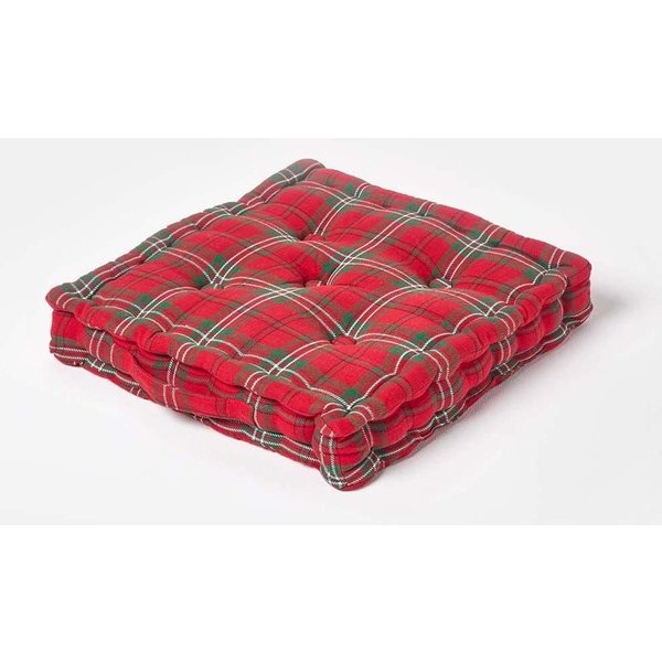 Homescapes Cotton Edward Tartan Floor Cushion in Red | Size: 50 cm x 50 cm