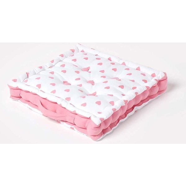 Homescapes Cotton Hearts Floor Cushion in Pink | Size: 40 cm x 40 cm