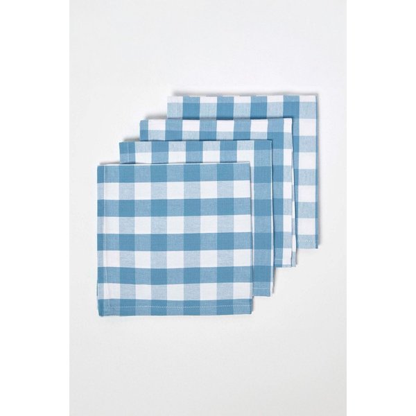 Homescapes Block Check Cotton Gingham Napkins, Set of 4 in Blue