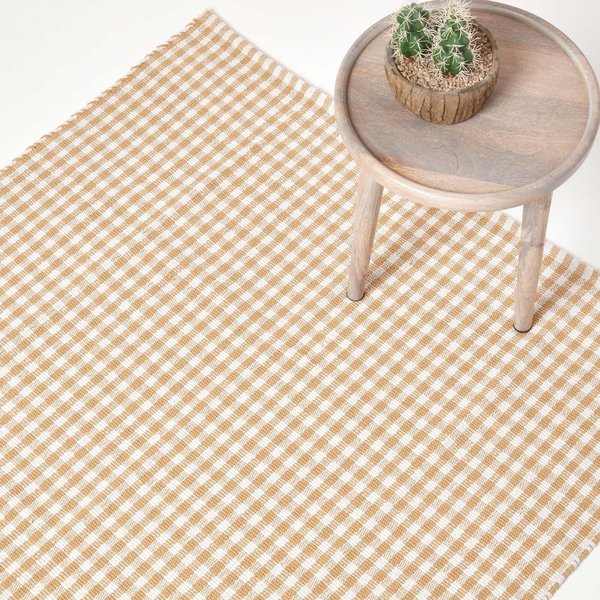 Homescapes Cotton Gingham Check Rug Hand Woven in Beige | Size: 70 cm x 120 cm