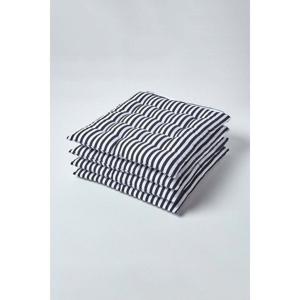 Homescapes Set of 4 Black & White Stripe Seat Pad with Straps 40 x 40 cm | Size: 40 cm x 40 cm