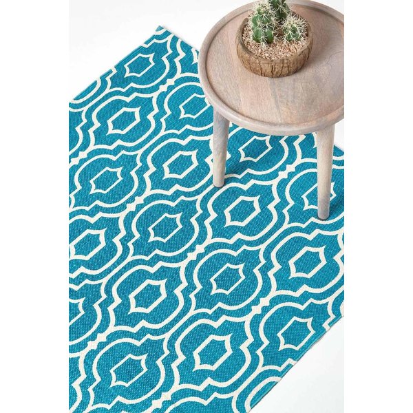 Homescapes Riga 100% Cotton Printed Patterned Rug in Teal | Size: 90 cm x 150 cm