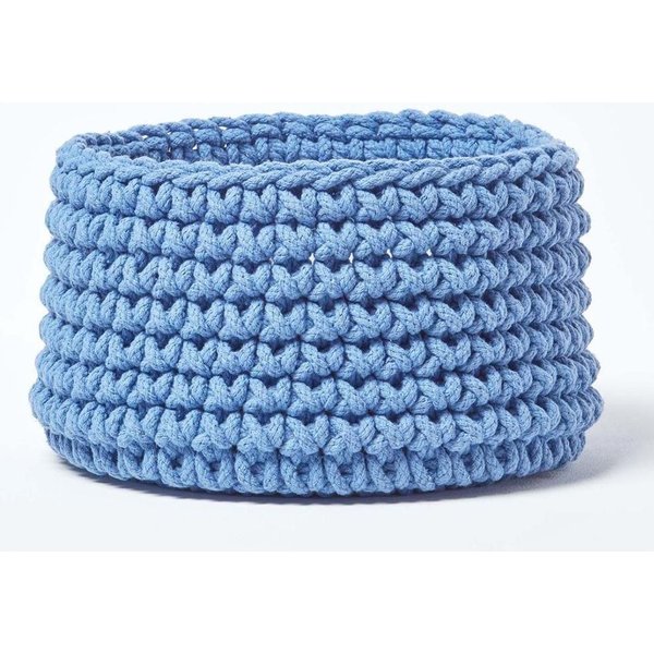 Homescapes Cotton Knitted Round Storage Basket, 37 x 21 cm in Blue | Size: Small