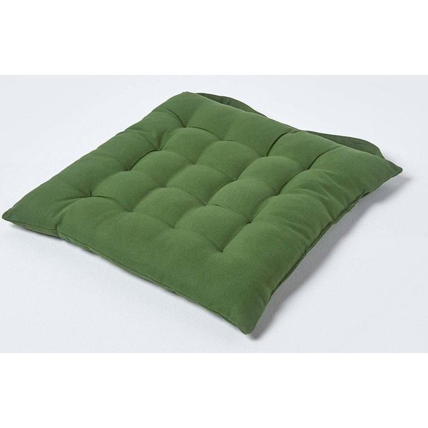 Homescapes Seat Pad Luxury 100% Cotton Indoor Outdoor Garden Cushion, Button Tie, 40cm in Dark Olive