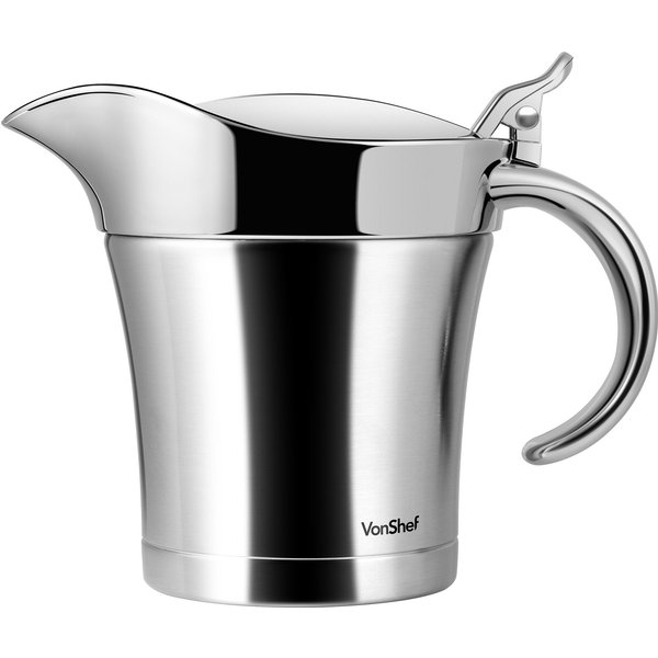 VonShef Men's Gravy Boat Serving Jug, 1L Sauce Pot with Hinged Lid & Anti-Drip Spout in Metallic Silver | Size: 750ml