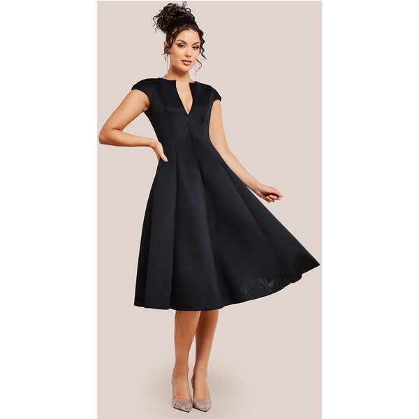 Goddiva Women's Cap Sleeve Plunging V Neckline A-line Midi Dress in Black | Size: 12