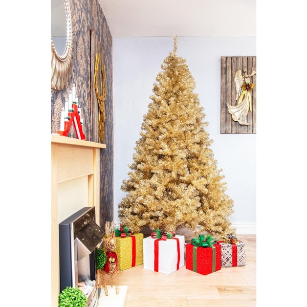 Shatchi 7Ft Champagne Gold Artificial Christmas Tree Bushy Tinsel Tips Hinged Branches Decoration, Gold