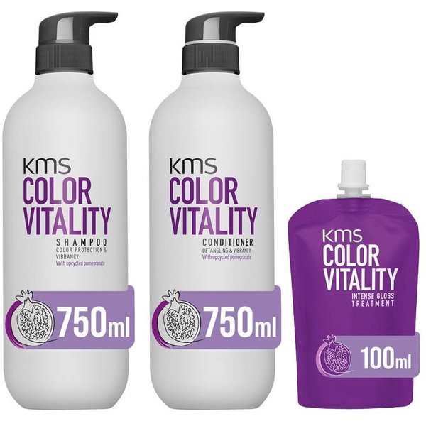KMS Color Vitality Shampoo 750ml, Conditioner 750ml & Intense Gloss Treatment 100ml in Clear