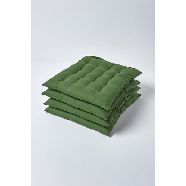 Homescapes 4 Pack Seat Pads Luxury 100% Cotton Indoor Outdoor Garden Cushion, 40cm in Dark Olive | Size: 40 cm x 40 cm