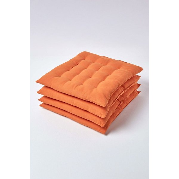 Homescapes 4 Pack Seat Pads Luxury 100% Cotton Indoor Outdoor Garden Cushion, 40cm in Burnt Orange | Size: 40 cm x 40 cm