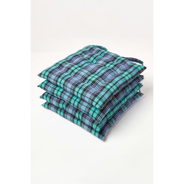 Homescapes 4 Pack Seat Pads Cotton Green Tartan Indoor Outdoor Garden Cushion, 40cm | Size: 40 cm x 40 cm