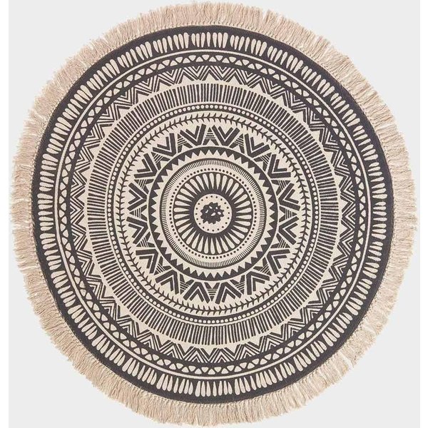 Homescapes Black & White 100% Cotton Mandala Printed Round Rug | Size: 130 cm diameter