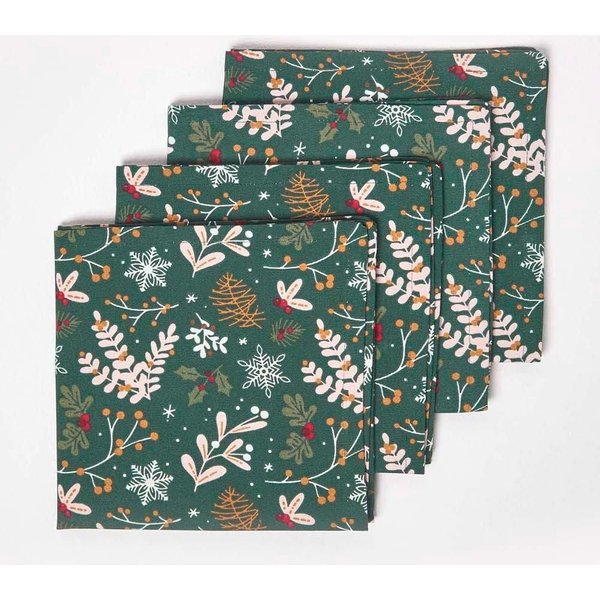 Homescapes Festive Forest Green Christmas Napkins, Set of 4 in Dark Green