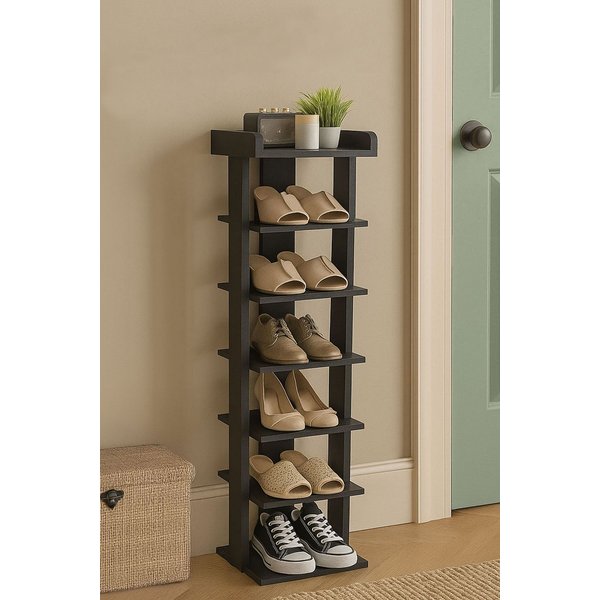 Neo 7 Tier Wooden Shoe Rack Slim Narrow Storage Cabinet Space-saving Entryway Bedroom Wardrobe, Black