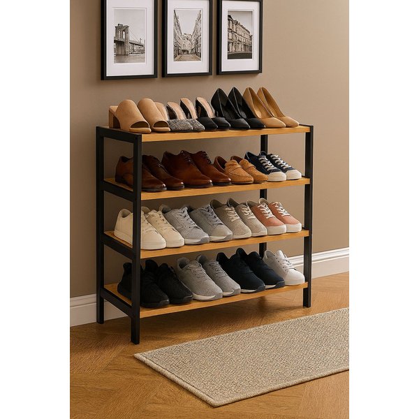 Neo Black/Wood 4-tier Bamboo Shoe Rack Stand Natural Wooden Shoe Storage Shelf For Hallway Bedroom Bathroom, Black