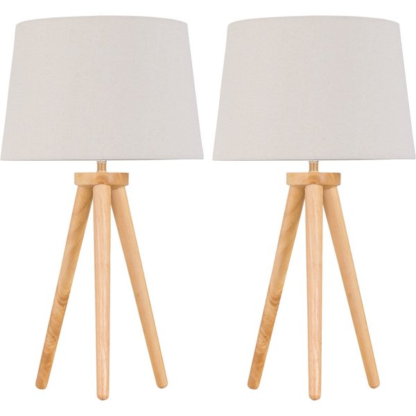 First Choice Lighting Set of 2 Light Oak Table Lamp Bedside Lights with Natural Linen Shades in Brown