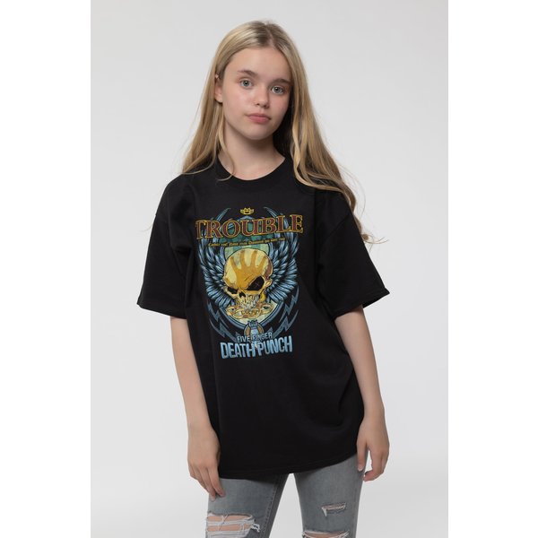 Five Finger Death Punch Trouble Band Logo T-Shirt in Black | Size: 9-10 Years