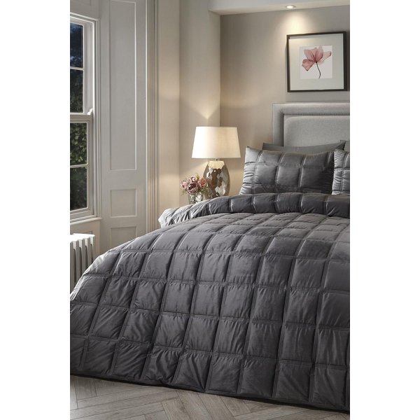 Soiree 'Brighton Square' Soft Velvet Box Stitched Duvet Cover Set in Dark Grey | Size: Super King