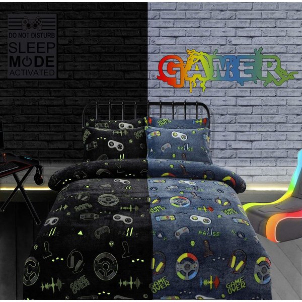 New Edge Blinds Newedgeblinds Gamer Station Glow In The Dark Teddy Duvet Set - Double, Grey
