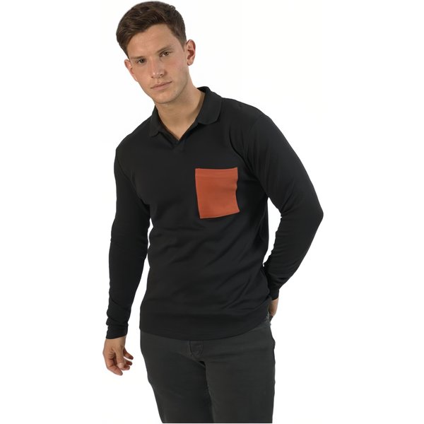 TopLook London Men's Single Pocket Long-Sleeved Polo Shirt in Black | Size: 2XL