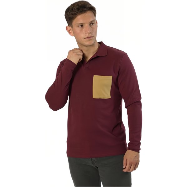 TopLook London Men's Single Pocket Long-Sleeved Polo Shirt in Wine | Size: XL
