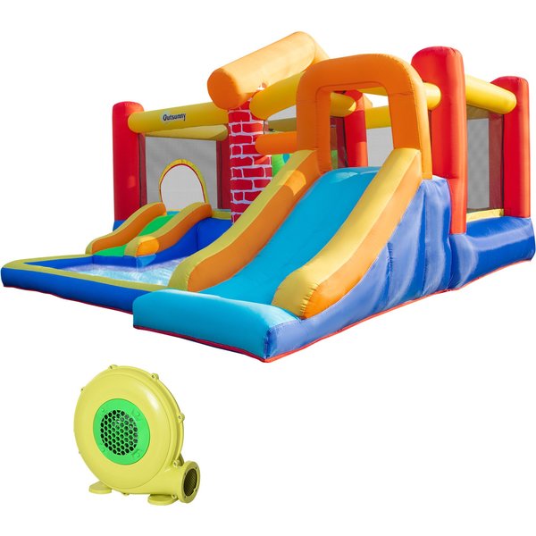OUTSUNNY Kids Bouncy Castle with Double Slides Pool Trampoline Climbing Wall in Blue