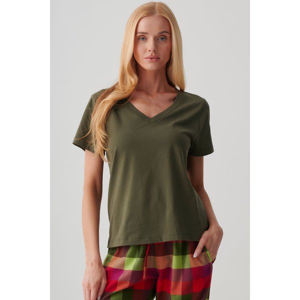 British Boxers Women's "Khaki" Cotton V-Neck T-Shirt in Khaki | Size: Large
