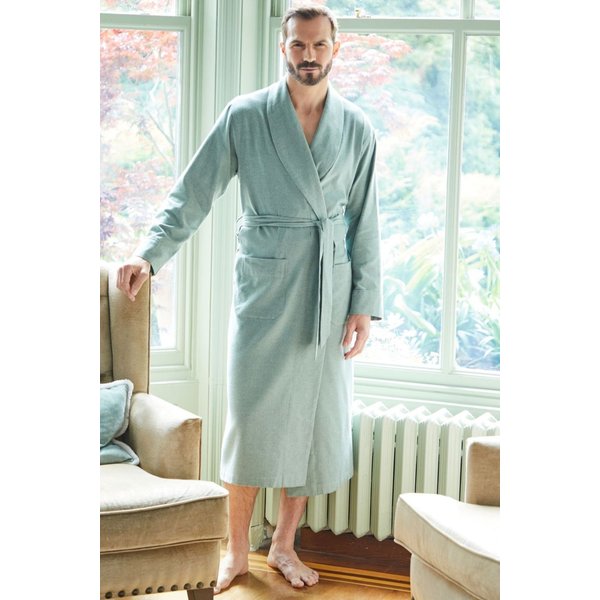 British Boxers Men's "Moss" Herringbone Brushed Cotton Dressing Gown in Dark Green | Size: Large