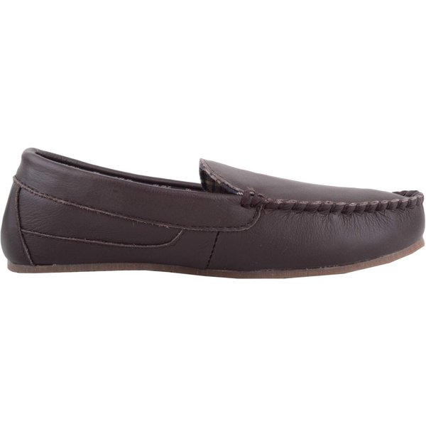 SNUGRUGS Men's Slip On Smart Leather Moccasin Loafer Slipper with Fabric Tartan Inner in Chocolate | Size: 6