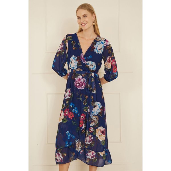 Yumi Women's Navy Watercolour Dip Hem Midi Wrap Dress | Size: 10