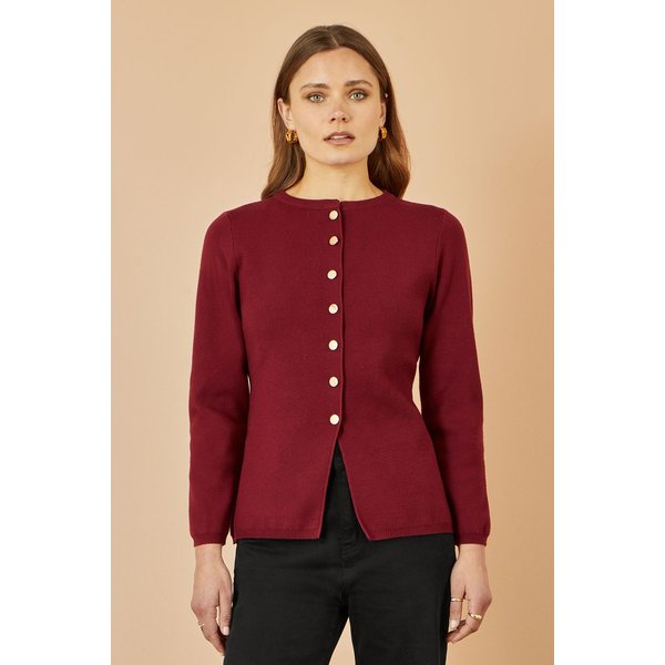 Yumi Women's Burgundy Knitted Fitted Button Down Peplum Cardigan | Size: Small