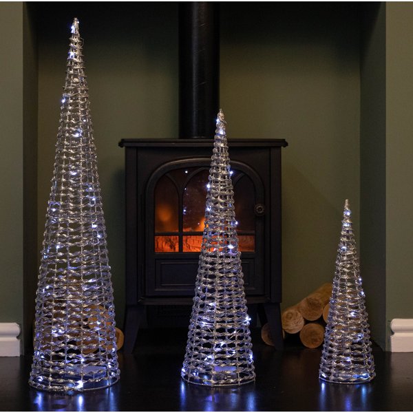 Samuel Alexander Set of 3 Silver Glitter Christmas Cone Trees with 90 LEDs