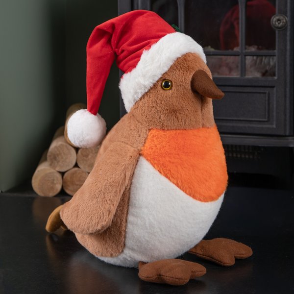Samuel Alexander 40cm Large Plush Christmas Robin Decoration with Santa Hat