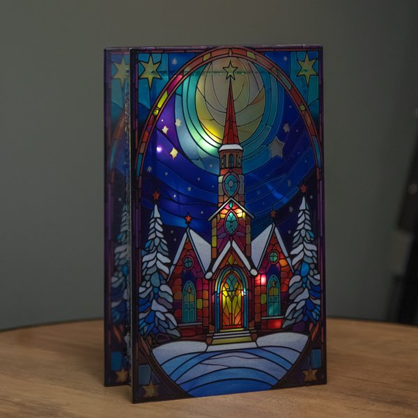 Samuel Alexander 21cm Battery Operated Light up Stained Glass Christmas Decoration with Church Scene & Warm White LEDs