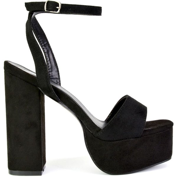 XY London Women's 'Jayce' Strappy Chunky Block High Heel Platform Shoes With Square Toe in Jet Black | Size: 4