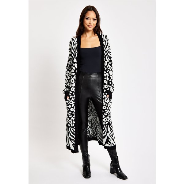Liquorish Women's Mono Zebra & Animal Pattern Longline Cardigan | Size: Large